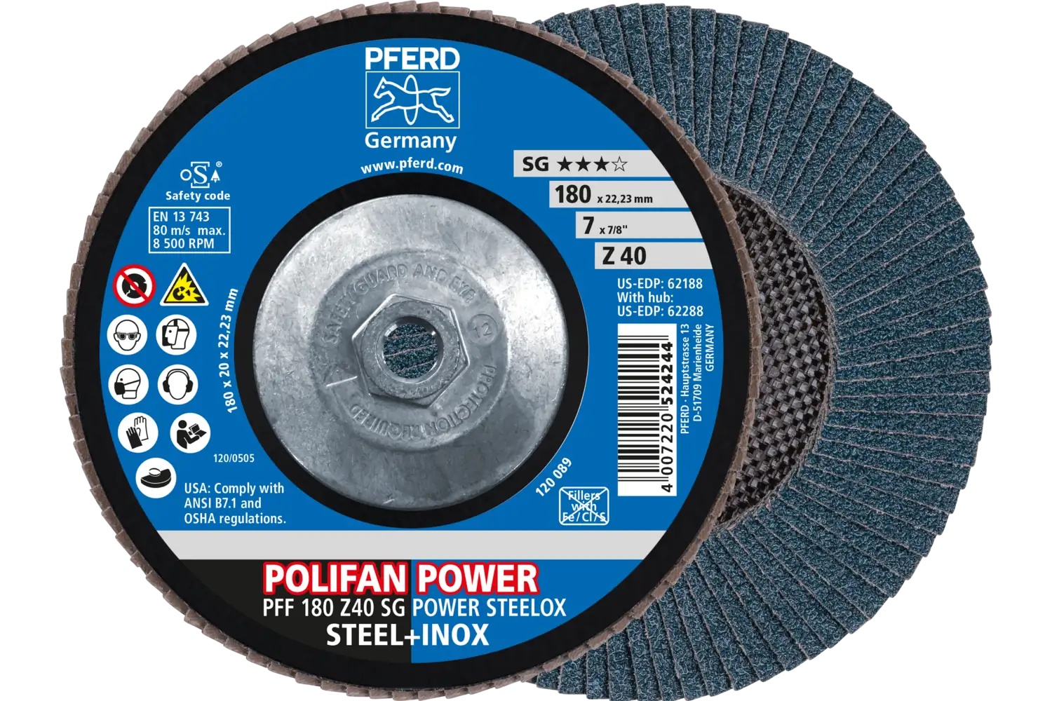 Picture of Pferd Flap Disc, 7" x 5/8-11, Z SG Power Steelox, 40 Grit, T27, Flat, Zirconia